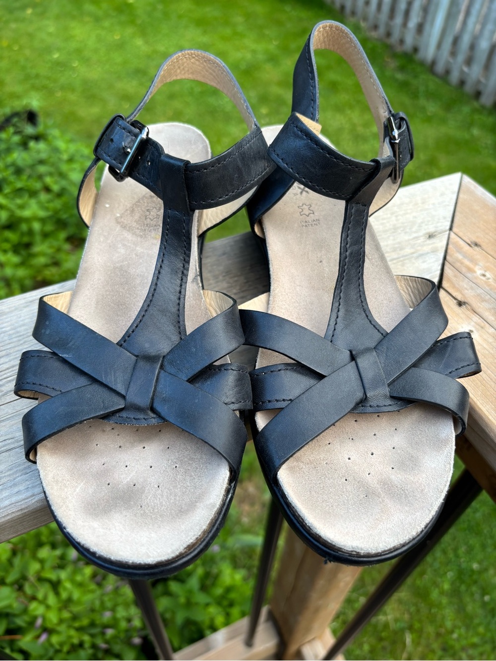 GEOX RESPIRA Slingback Black Leather Low Wedge Sandal